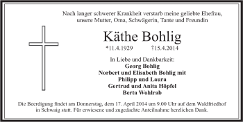 Traueranzeige von Kaethe Bohlig von Pegnitz-Zeitung